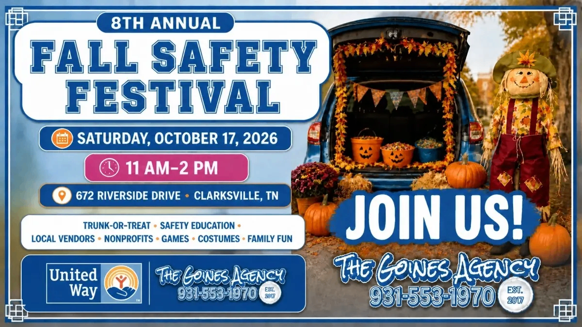 8th Annual Fall Safety Festival poster — Saturday, October 17, 2026, 11 AM-2 PM, 672 Riverside Drive, Clarksville, TN, with trunk-or-treat, safety education, local vendors, games and family fun, presented by The Goines Agency and United Way.