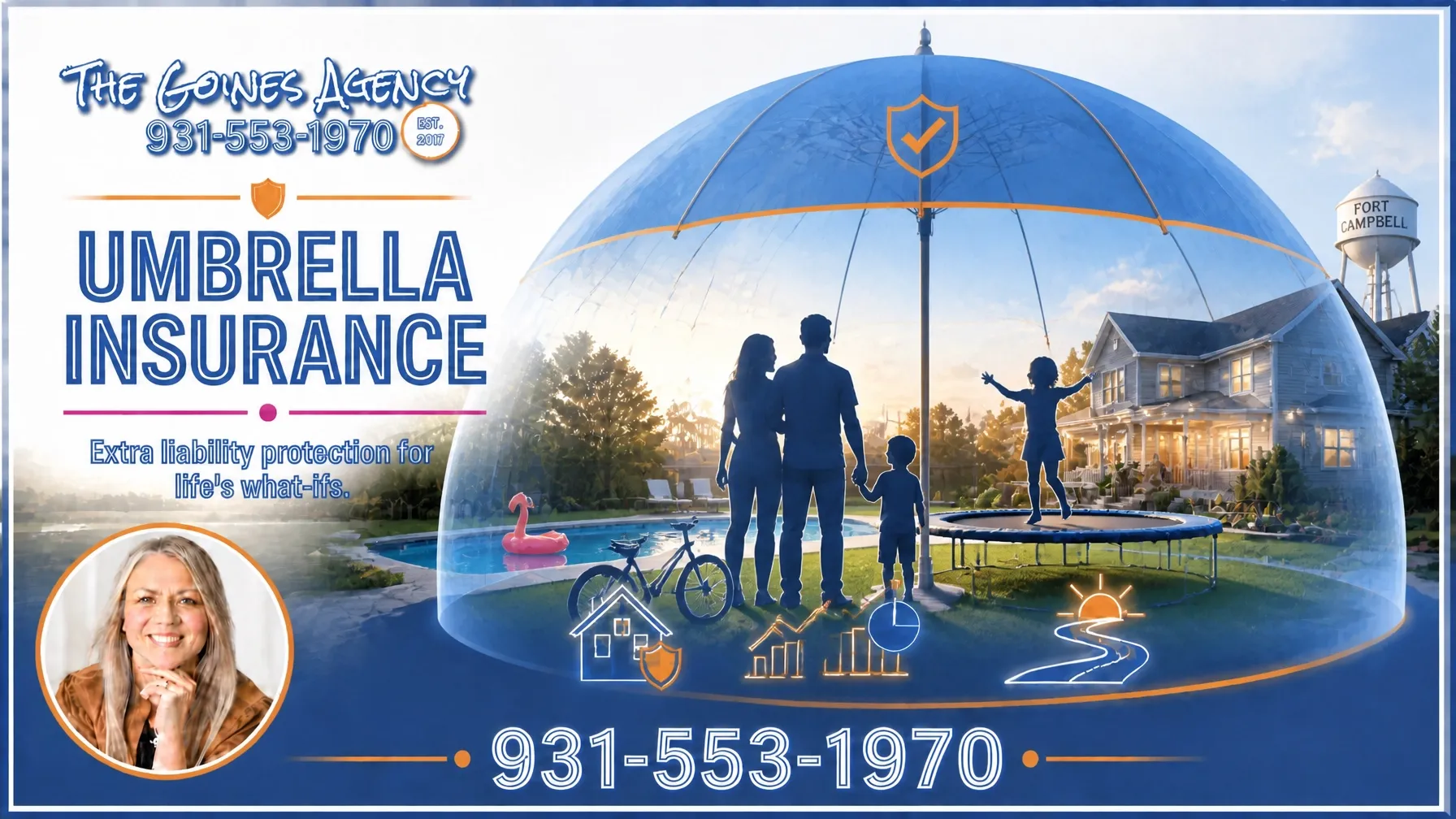 Family-friendly backyard with a pool, trampoline, bicycle, and translucent umbrella shield representing liability protection around everyday exposures