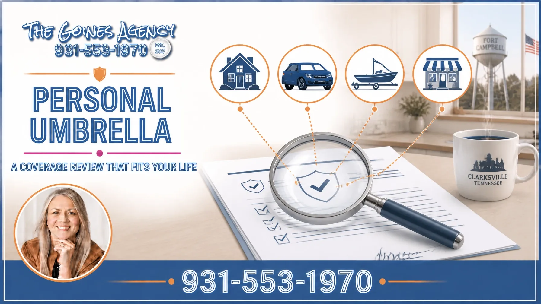 Coverage review illustration connecting a home, auto, boat, ATV, and small business to a personalized insurance conversation